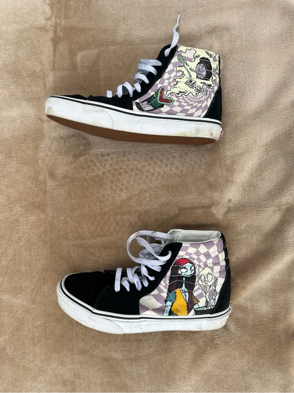 Vans Black High-Top Sneakers with Lilac Checker Panels and Character Art